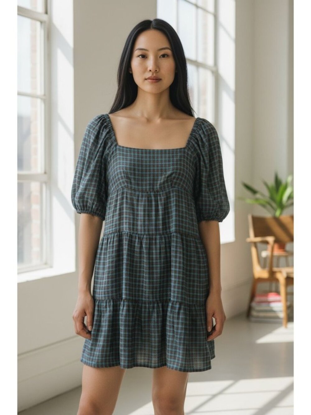 WAYF Plaid Tiered Mini Dress With Puff Sleeves In Blue & Brown